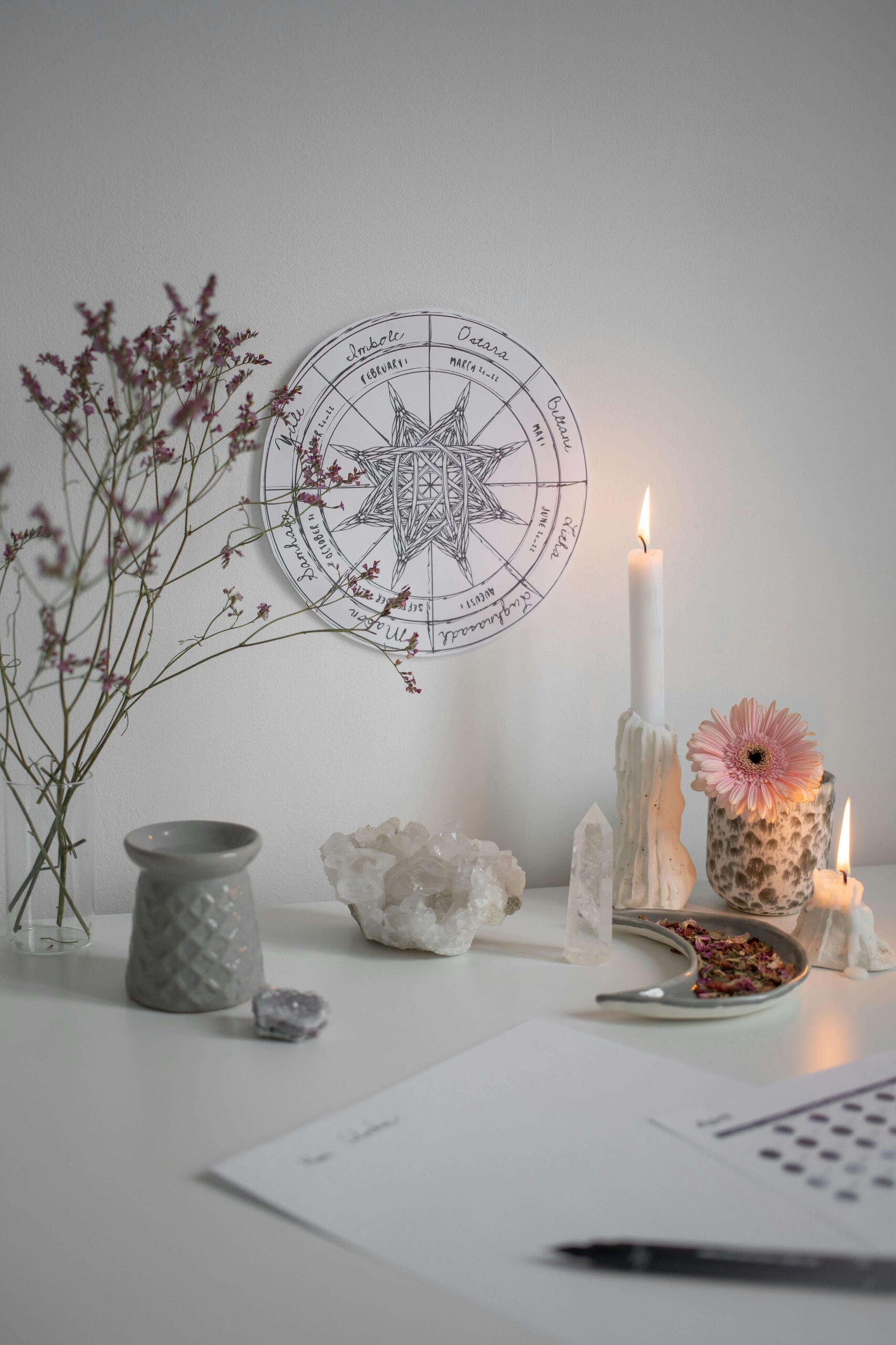 Crystal coaching This is a photo of some crystals with the wheel of life and some flowers and candles