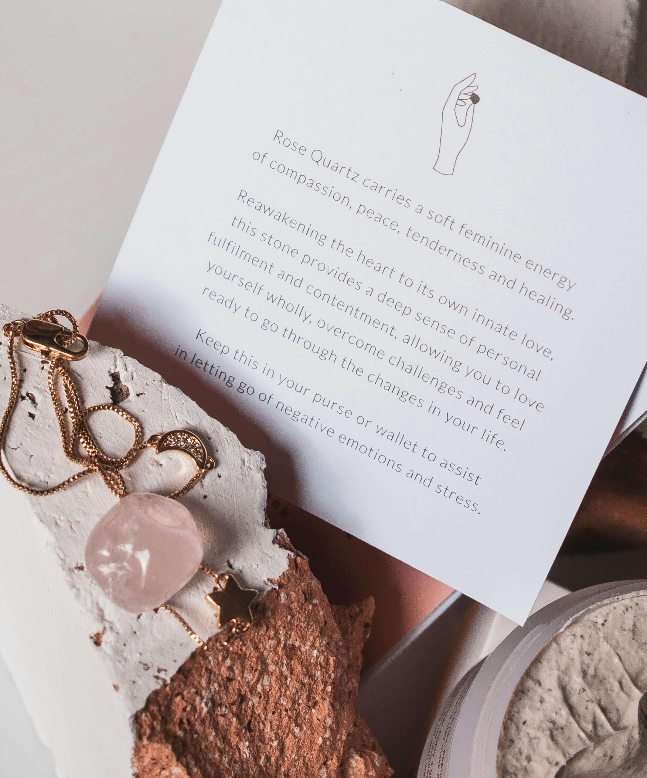 Rose Quartz Crystal Energy This is a photo of a Rose Quartz necklace with a description of the healing properties of Rose Quartz crystal